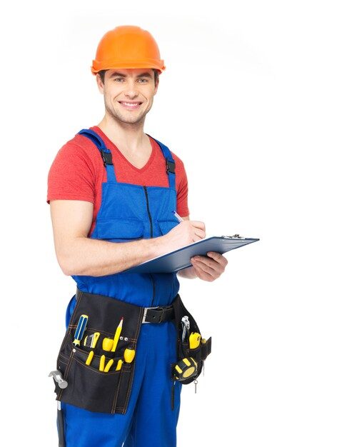 smiling worker with tools for emergency repair